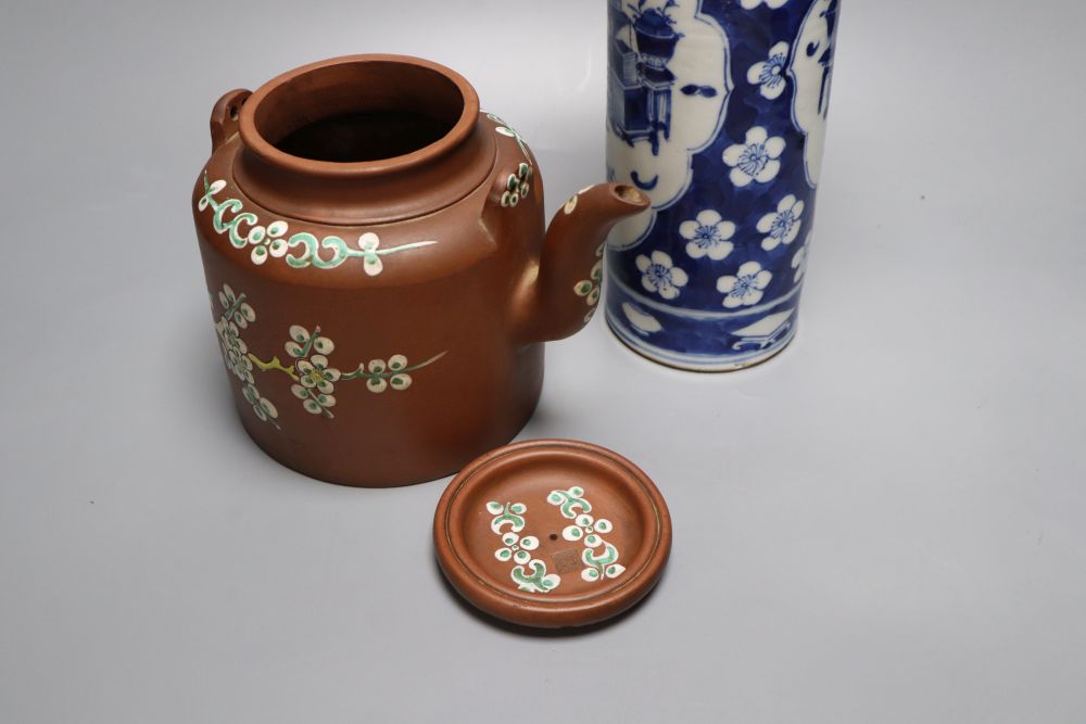 A 20th century Chinese blue and white sleeve vase and a Chinese Yixing teapot, tallest 31cm